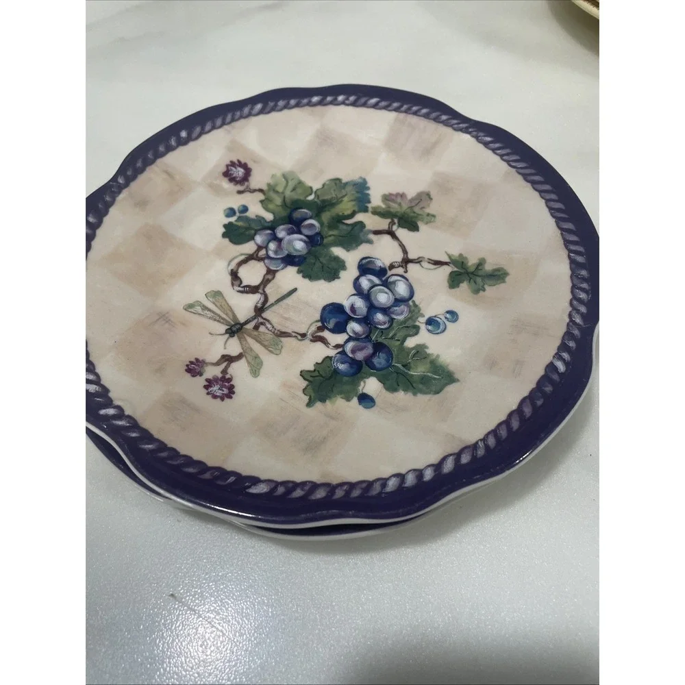 Set of 2 Tracy Porter‎ CLARET COLLECTION Salad Plates Dragonflies Grapes